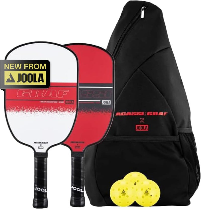JOOLA Agassi/GRAF Champion Set with Pickleball Paddles, Balls & Sling Bag - Sandblasted Pickleball Racket - Agassi Shape with Extended Sweet Spot - UPA-A Certified - USAP Approved - NFC Chip Enabled - Image 1